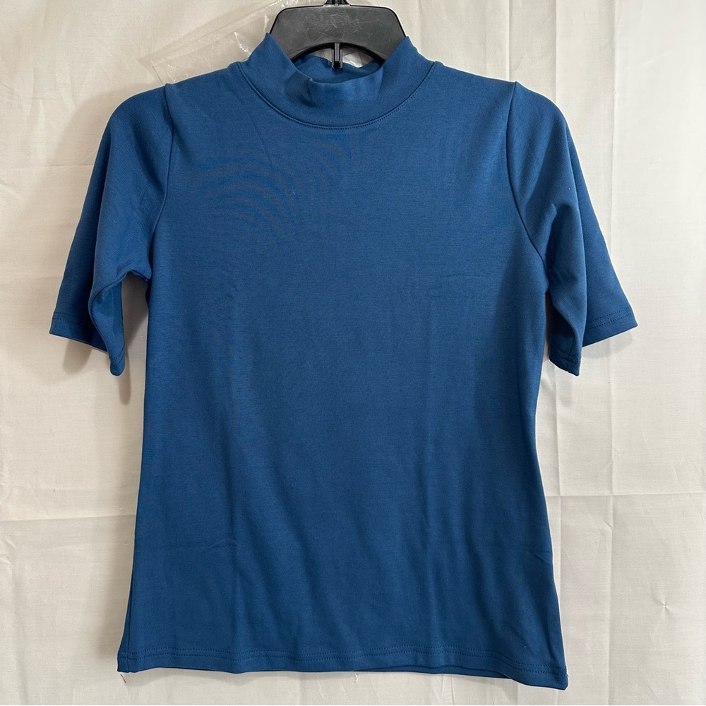 LIYOHON Womens Mock Turtleneck Top Short Sleeve T Shirt Blue Small